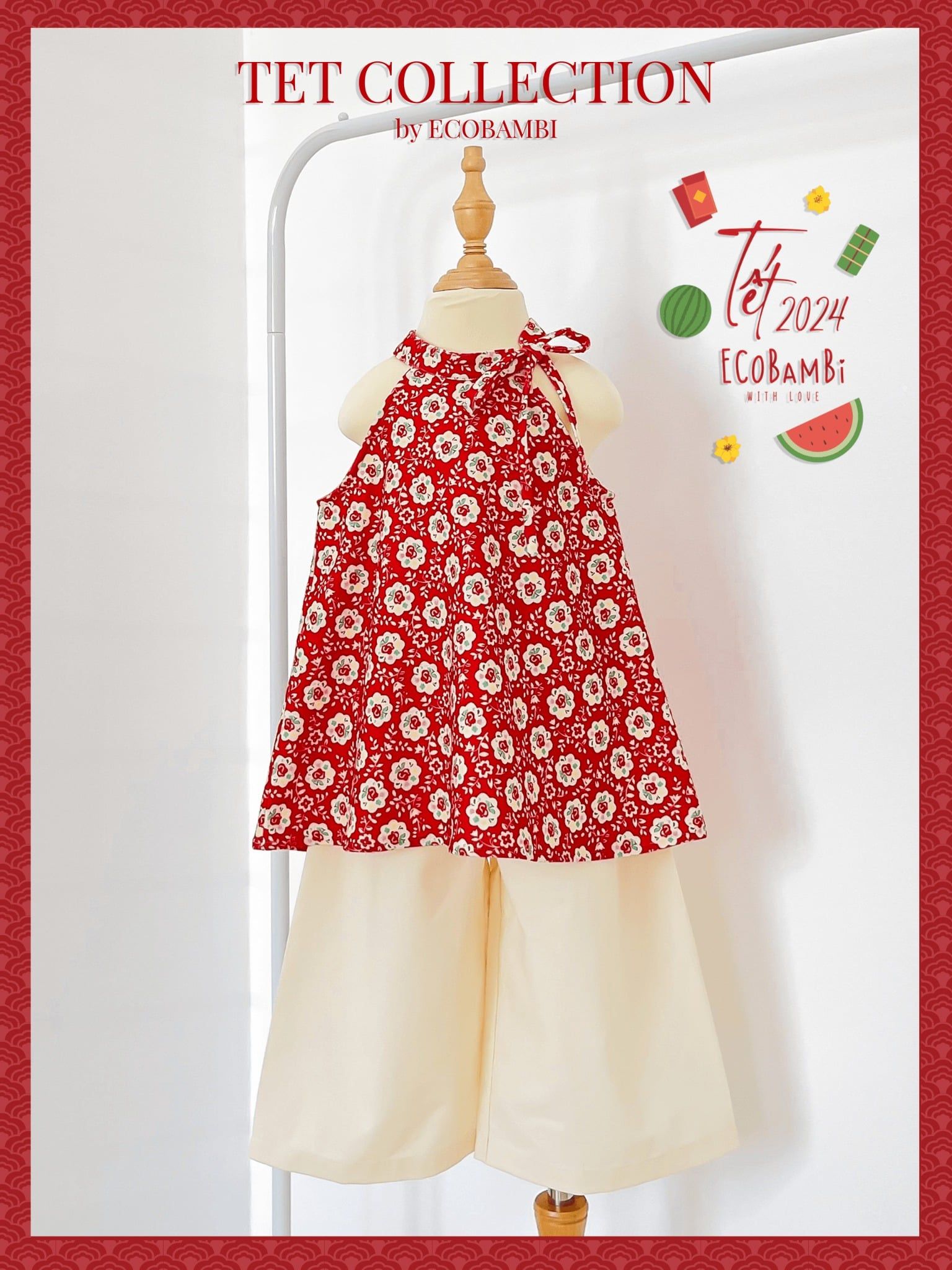  Set yếm Tết nhung hoa phối linen bé gái ECOBAMBI - BB-23YEMBG063 - 8935334001411 