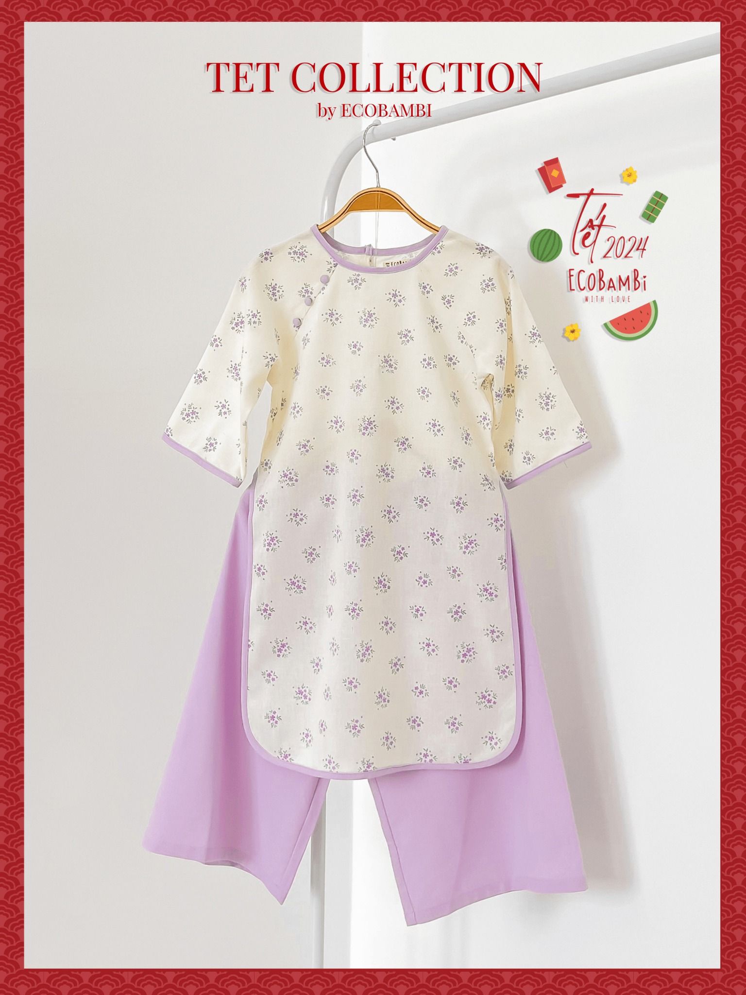  Set áo dài Tết cách tân, thiết kế mang đậm phong cách Vintage cao cấp dành cho bé gái chất liệu linen in hoạ tiết hoa nhí ECOBAMBI - 8935334000841 