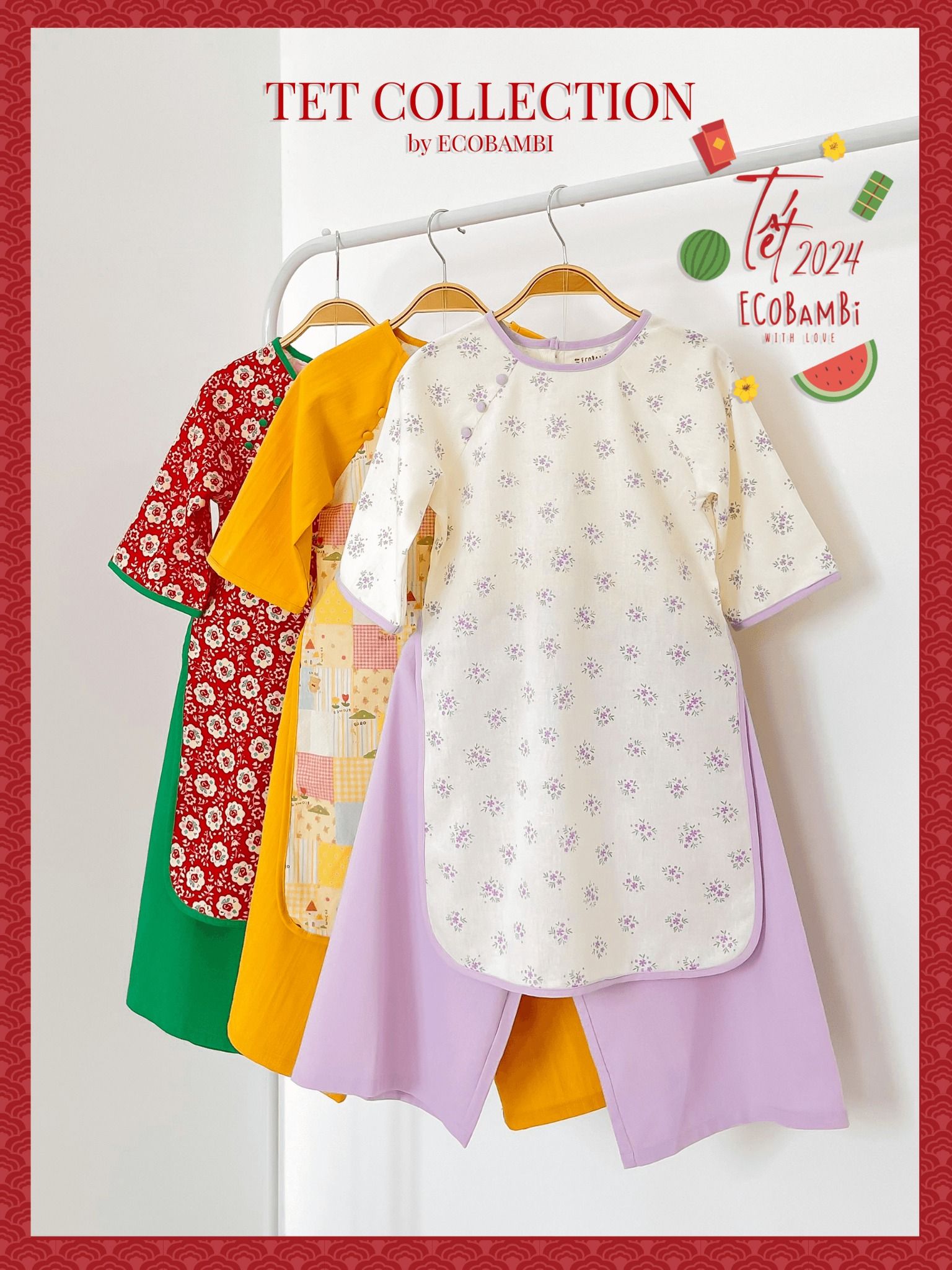  Set áo dài Tết cách tân, thiết kế mang đậm phong cách Vintage cao cấp dành cho bé gái chất liệu linen in hoạ tiết hoa nhí ECOBAMBI - 8935334000841 