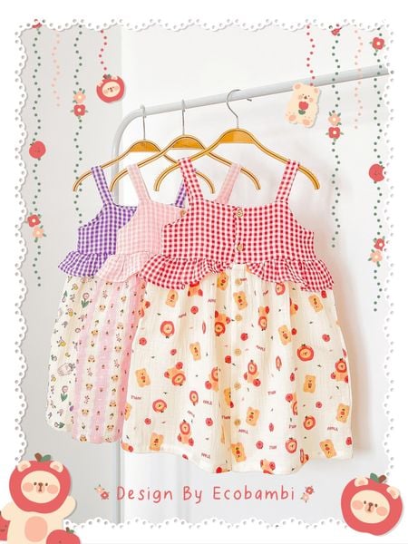  Đầm muslin 2 dây phối bèo caro bé gái ECOBAMBI - BB-23DAMBG060 - 8935334001435 