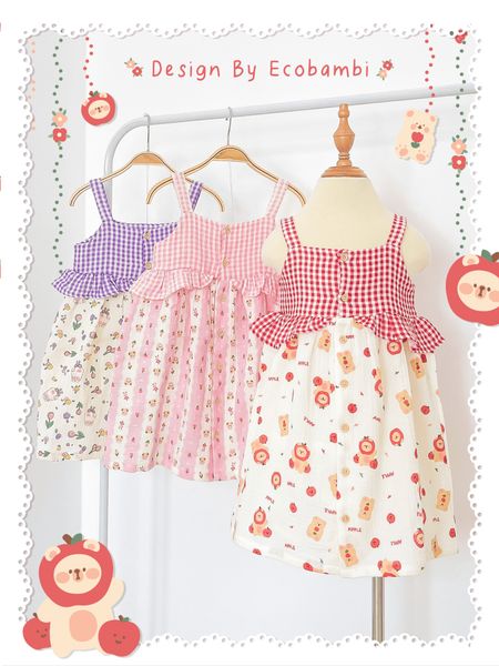  Đầm muslin 2 dây phối bèo caro bé gái ECOBAMBI - BB-23DAMBG060 - 8935334001435 