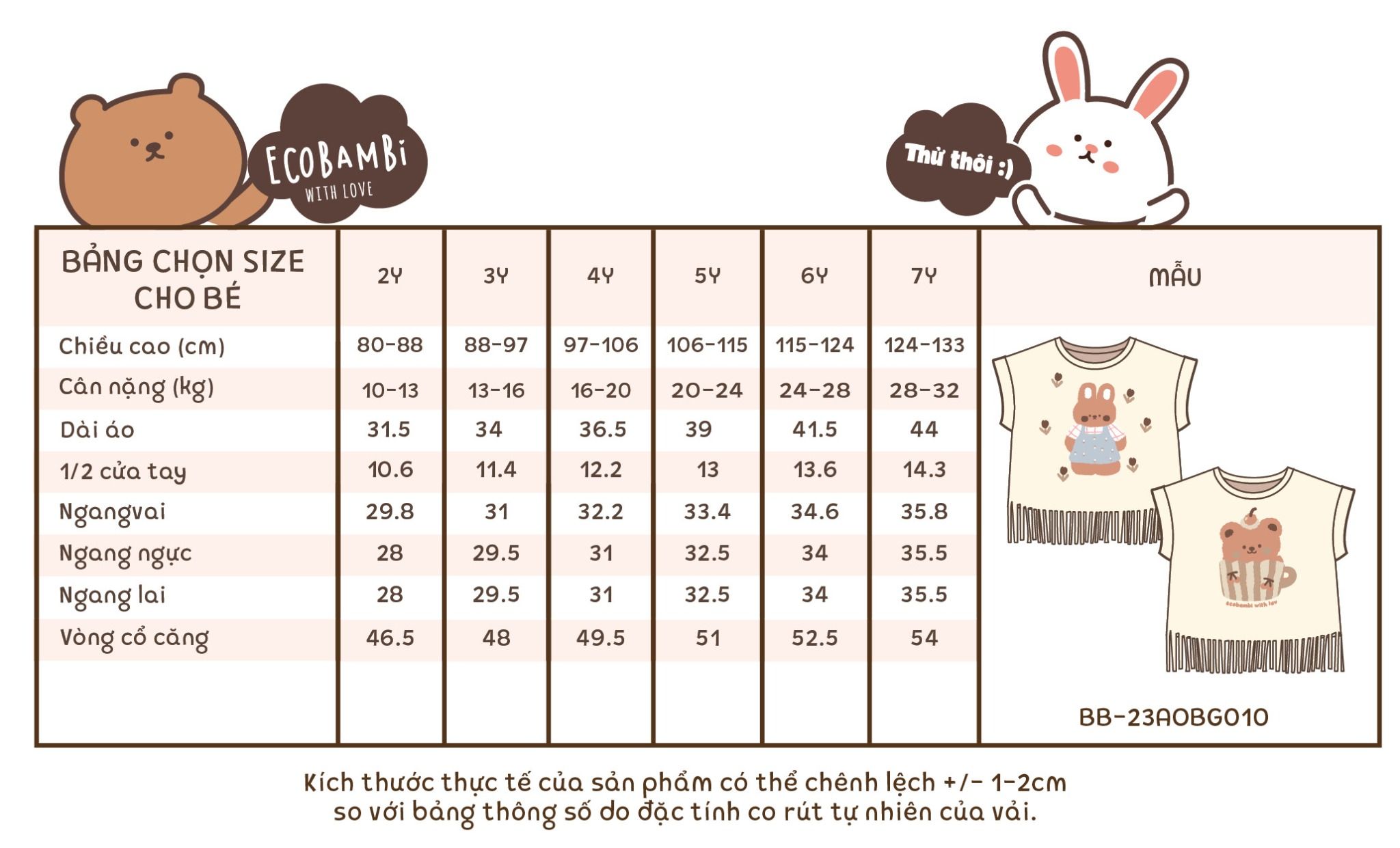  Áo thun croptop tua rua bé gái ECOBAMBI - 1008 - BB-23AOBG010 