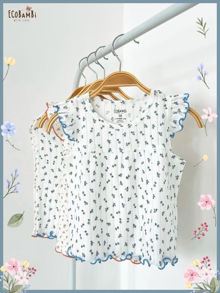  Bộ bé gái tay cánh tiên, quần lửng pointelle hoa nhí - BB-23BOBG022 -  ECOBAMBI 