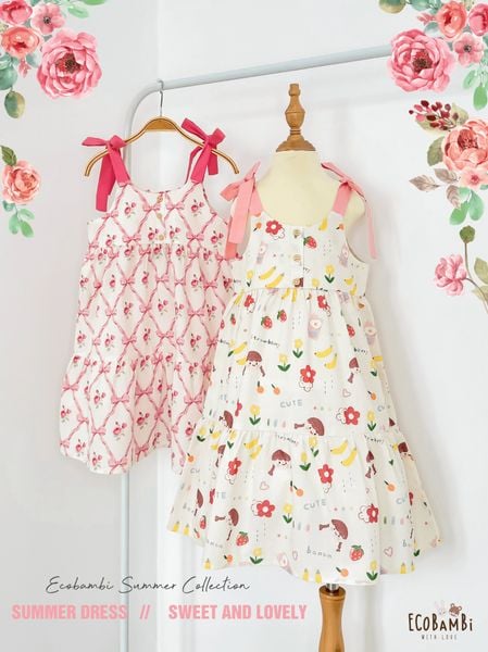  Đầm cotton thô 3 tầng thắt nơ vai bé gái ECOBAMBI - BB-24DAMBG023 - 8935334001671 