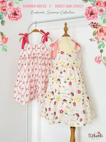  Đầm cotton thô 3 tầng thắt nơ vai bé gái ECOBAMBI - BB-24DAMBG023 - 8935334001671 