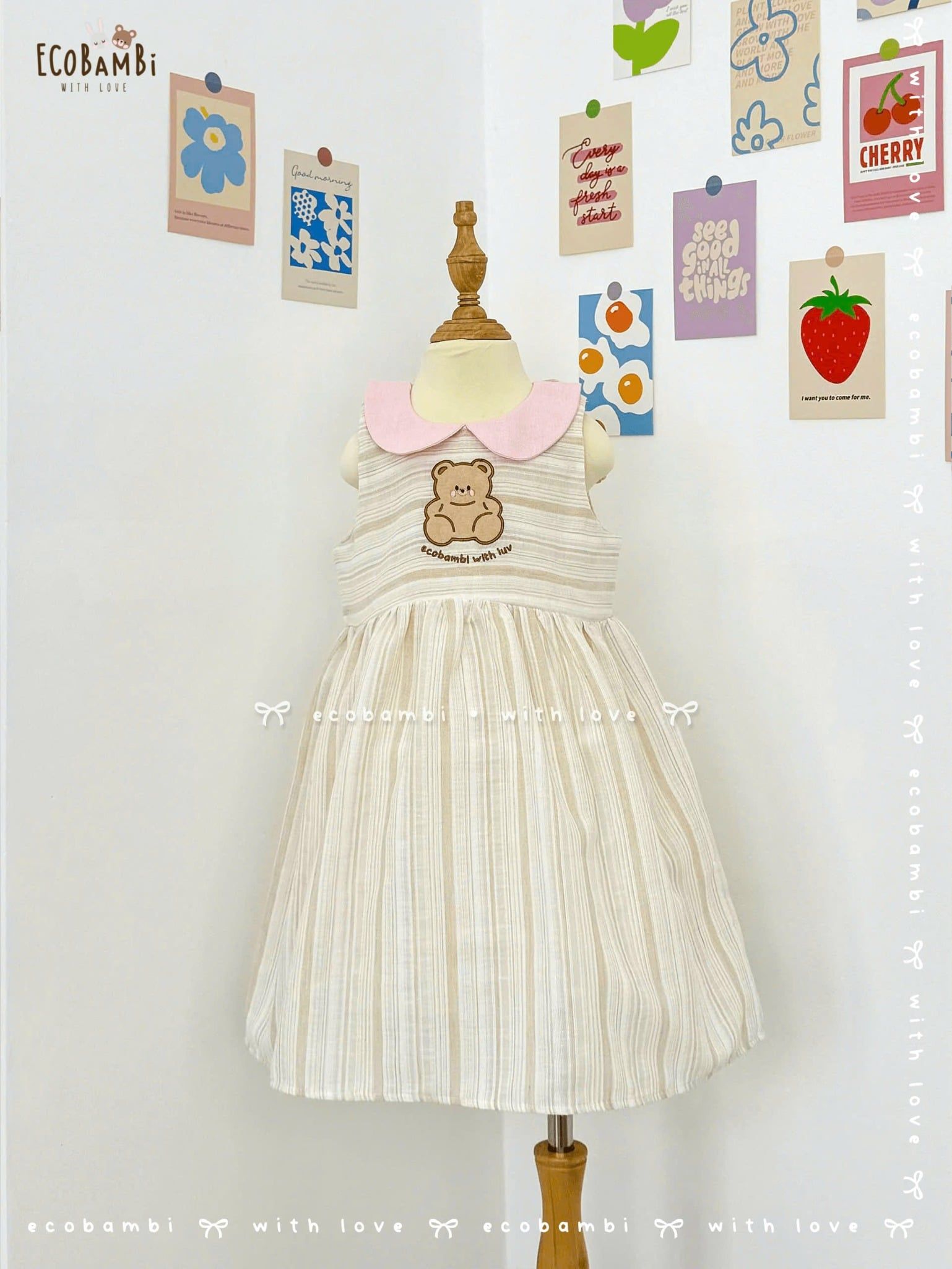  Đầm xô linen sọc sát nách, cổ lá sen thêu gấu bé gái - BB-24DAMBG024 - 8935334001664 