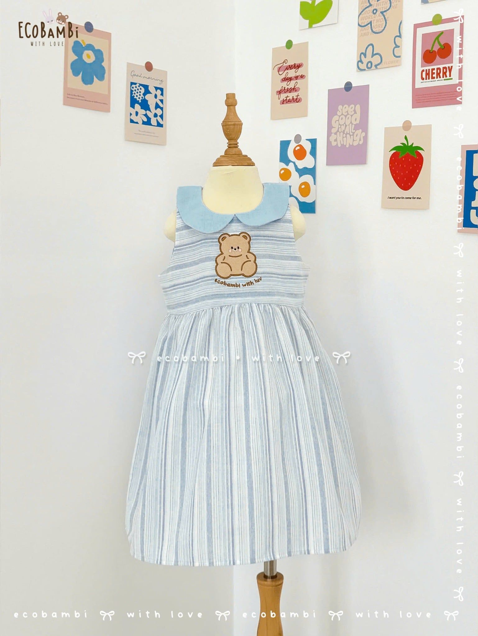  Đầm xô linen sọc sát nách, cổ lá sen thêu gấu bé gái - BB-24DAMBG024 - 8935334001664 