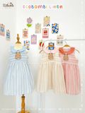  Đầm xô linen sọc sát nách, cổ lá sen thêu gấu bé gái - BB-24DAMBG024 - 8935334001664 