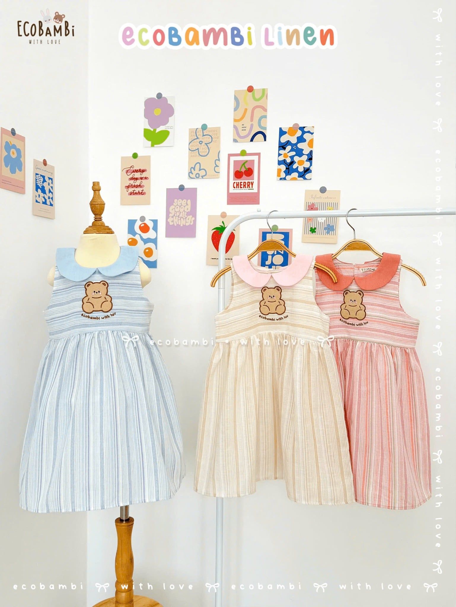  Đầm xô linen sọc sát nách, cổ lá sen thêu gấu bé gái - BB-24DAMBG024 - 8935334001664 