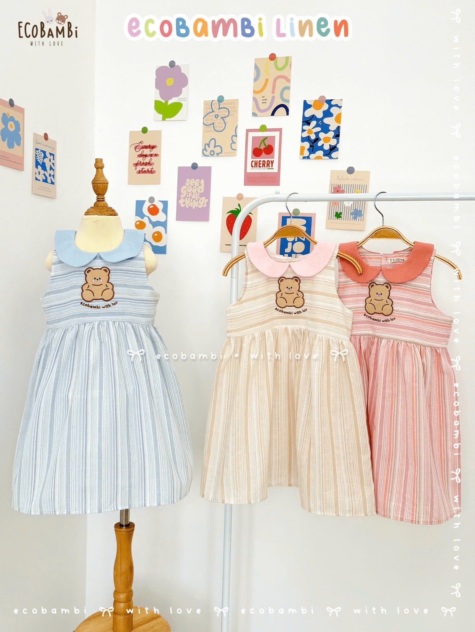  Đầm xô linen sọc sát nách, cổ lá sen thêu gấu bé gái - BB-24DAMBG024 - 8935334001664 