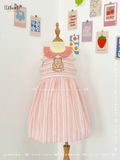  Đầm xô linen sọc sát nách, cổ lá sen thêu gấu bé gái - BB-24DAMBG024 - 8935334001664 