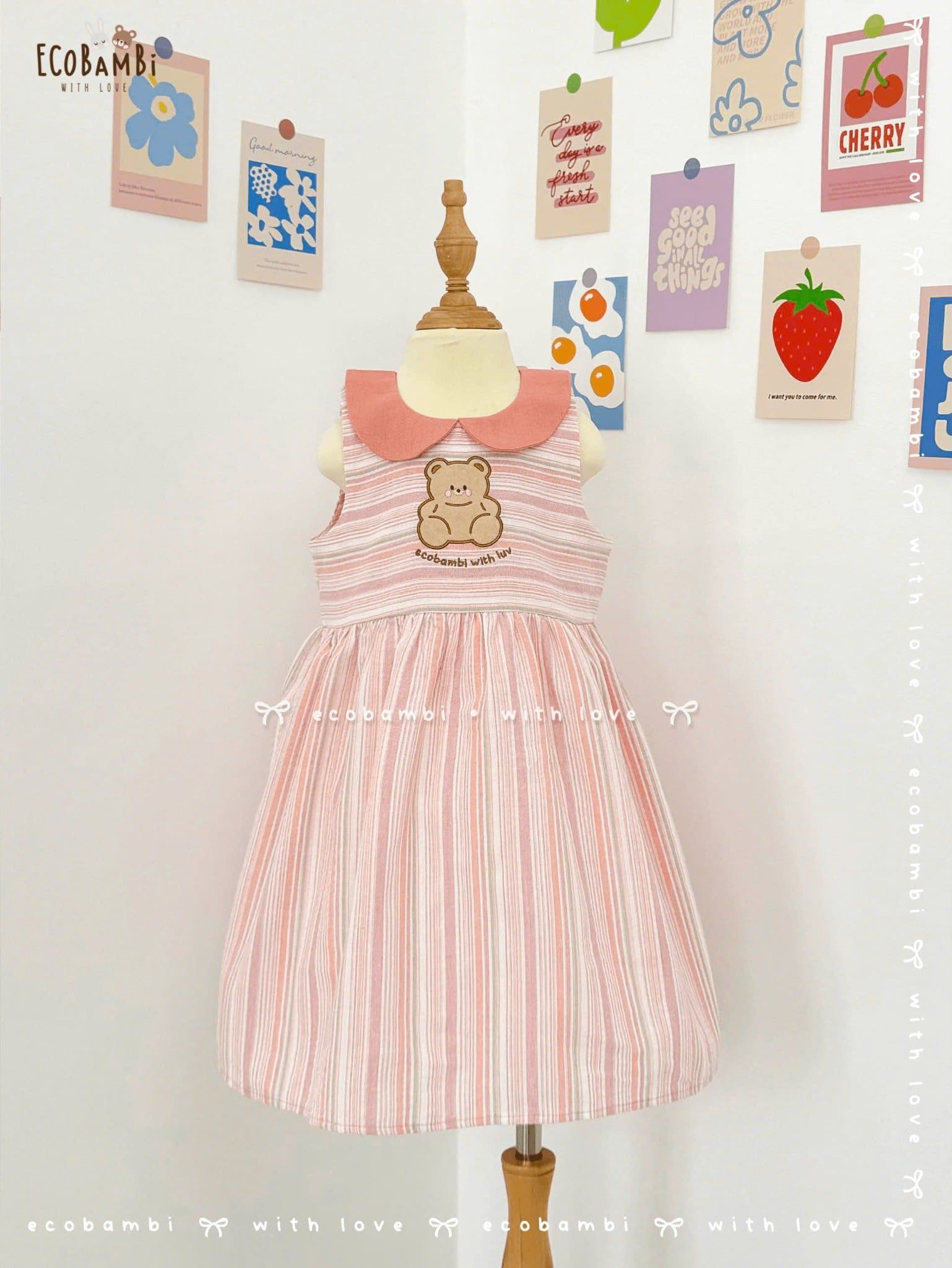  Đầm xô linen sọc sát nách, cổ lá sen thêu gấu bé gái - BB-24DAMBG024 - 8935334001664 