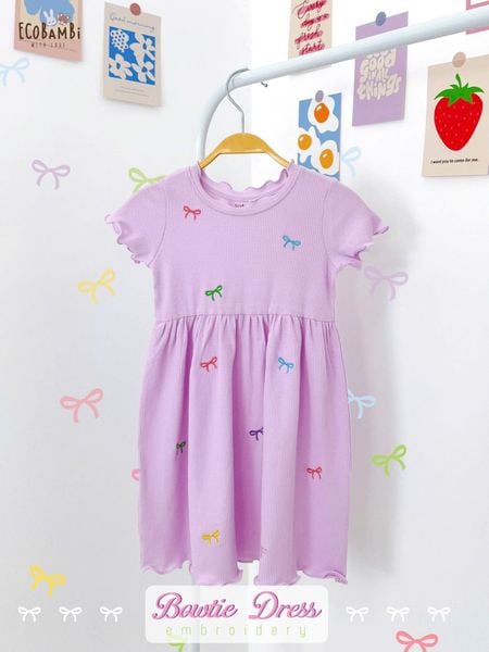  Đầm thun waffle sợi tre tay ngắn thêu NƠ bé gái - BB-24DAMBG032 - 8935334001732 