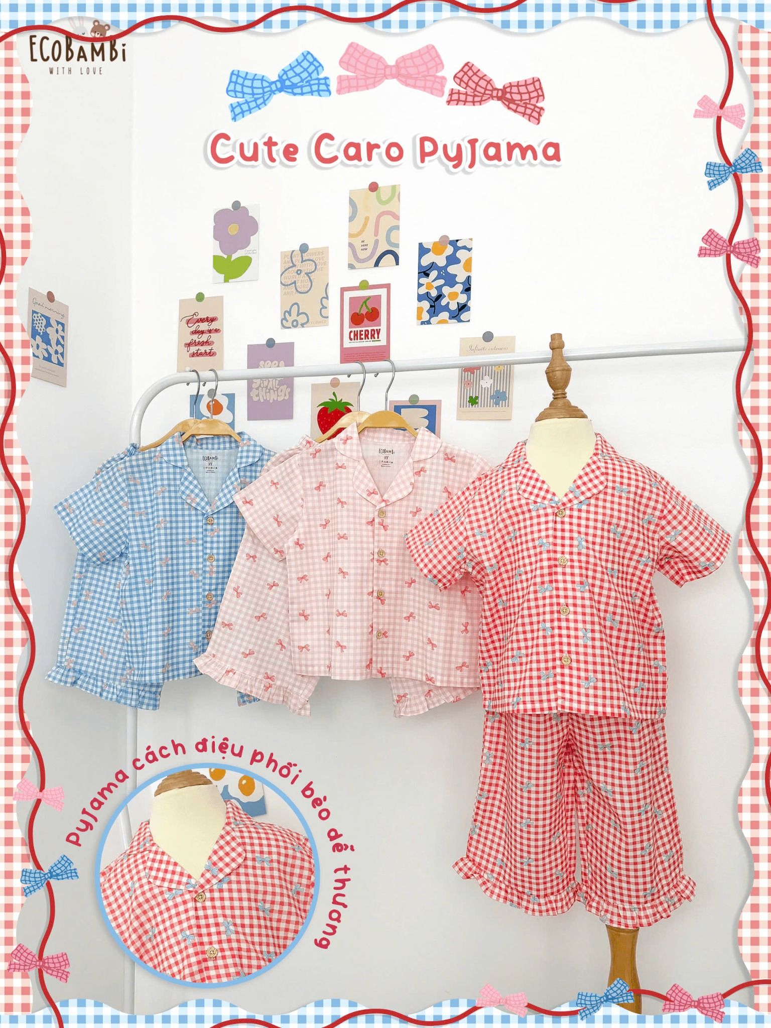  Pyjama Hè cotton thô caro nơ bé gái - 8935334001855 