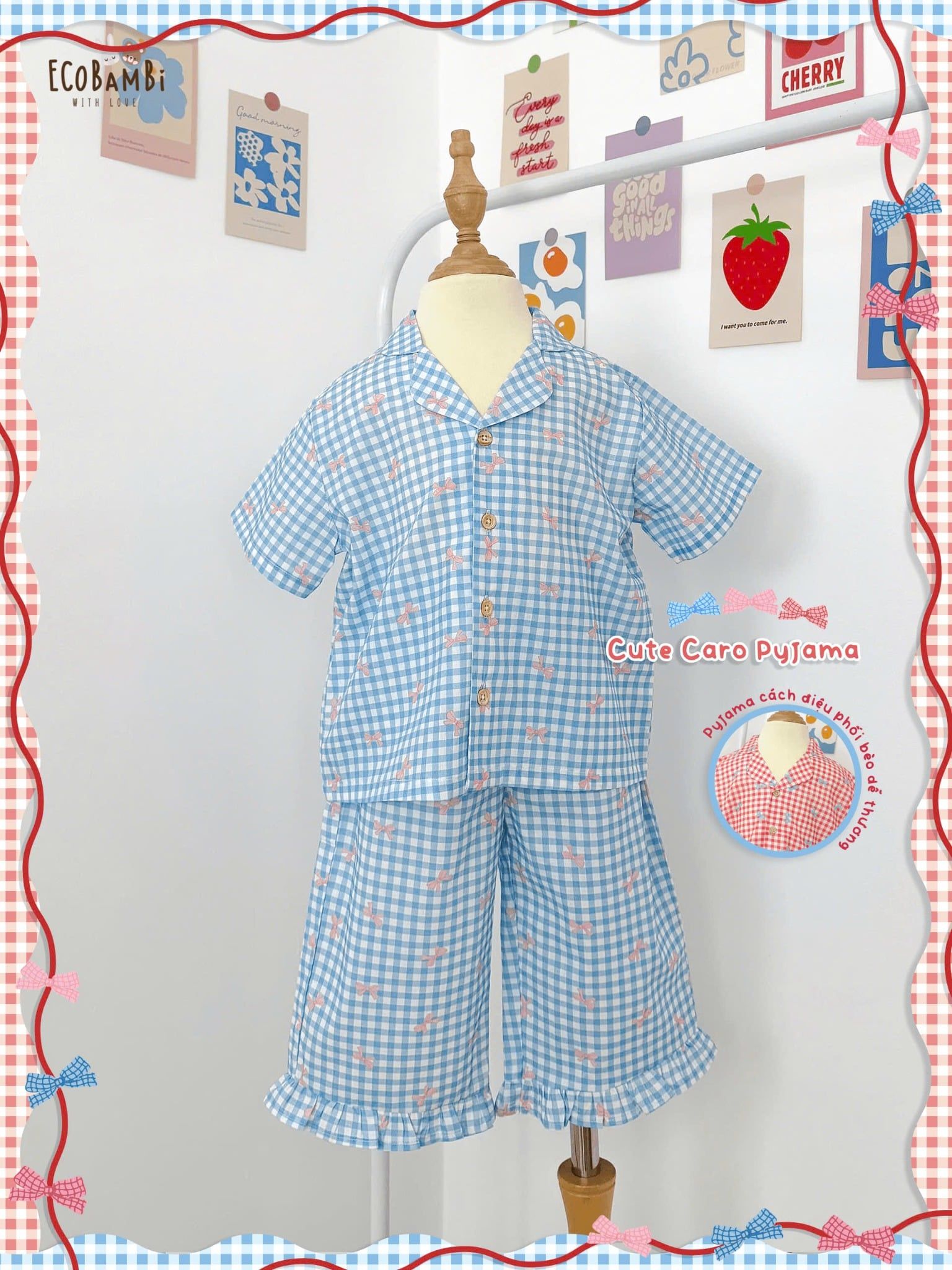  Pyjama Hè cotton thô caro nơ bé gái - 8935334001855 