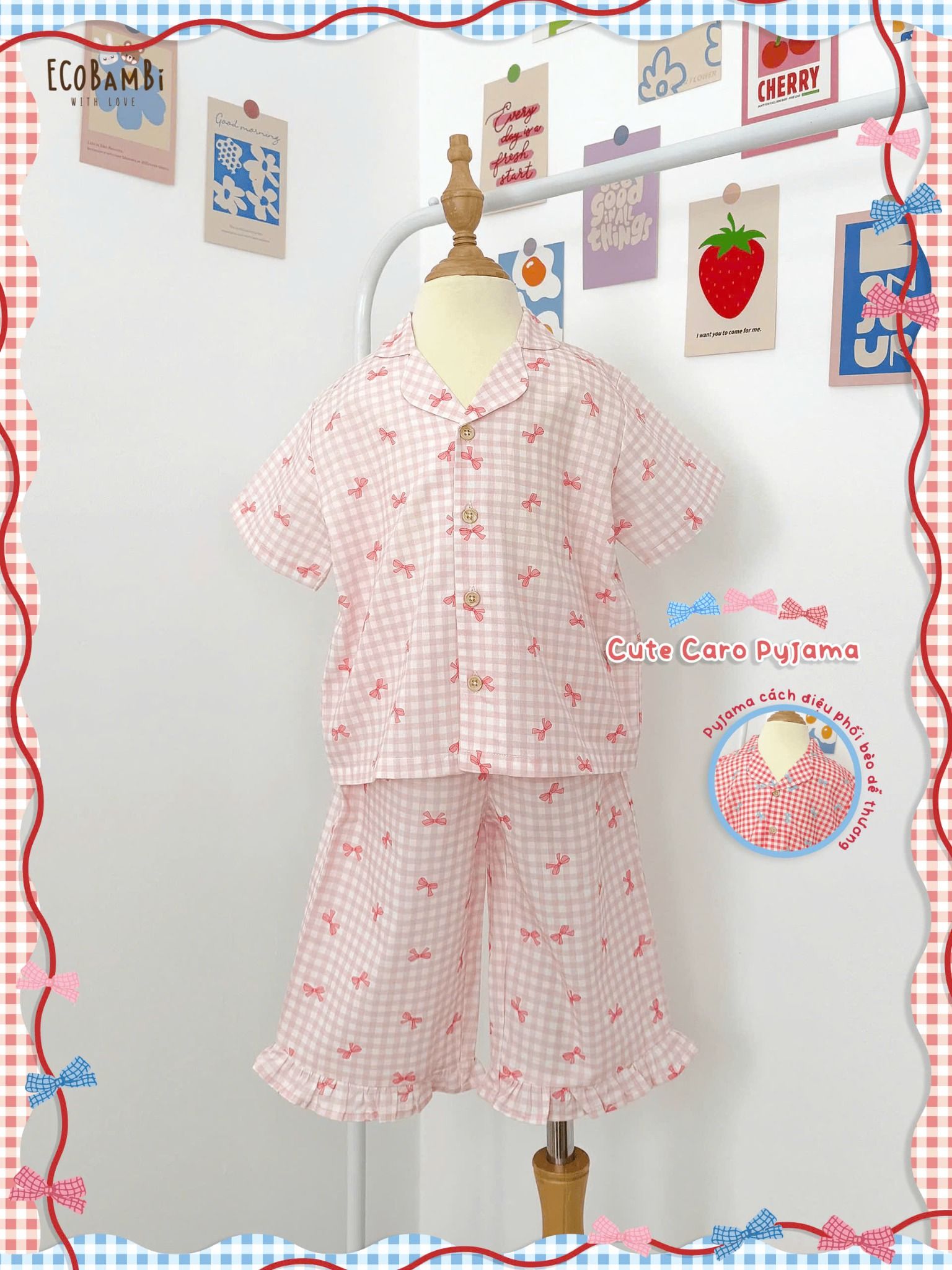  Pyjama Hè cotton thô caro nơ bé gái - 8935334001855 