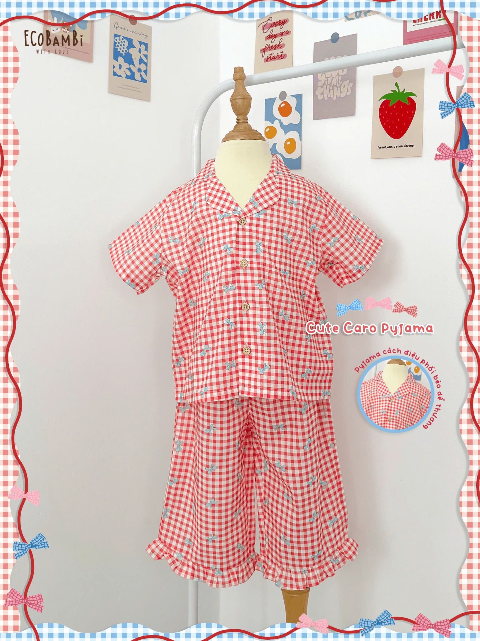  Pyjama Hè cotton thô caro nơ bé gái - 8935334001855 
