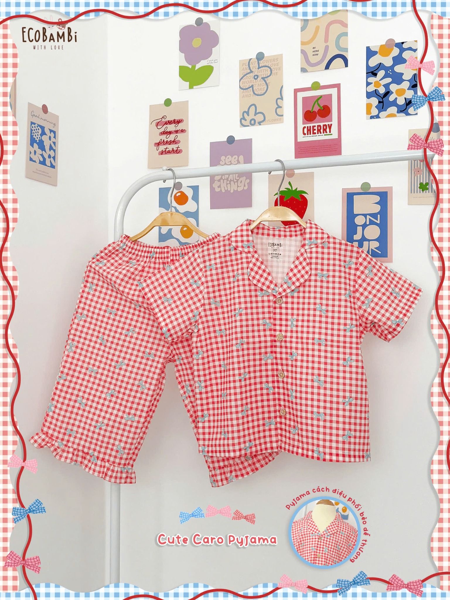  Pyjama Hè cotton thô caro nơ bé gái - 8935334001855 