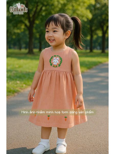  Đầm linen sát nách, khoét lưng thêu thỏ hoa bé gái - BB-24DAMBG025 - 8935334001657 