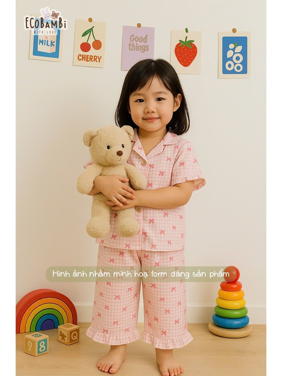  Pyjama Hè cotton thô caro nơ bé gái - 8935334001855 
