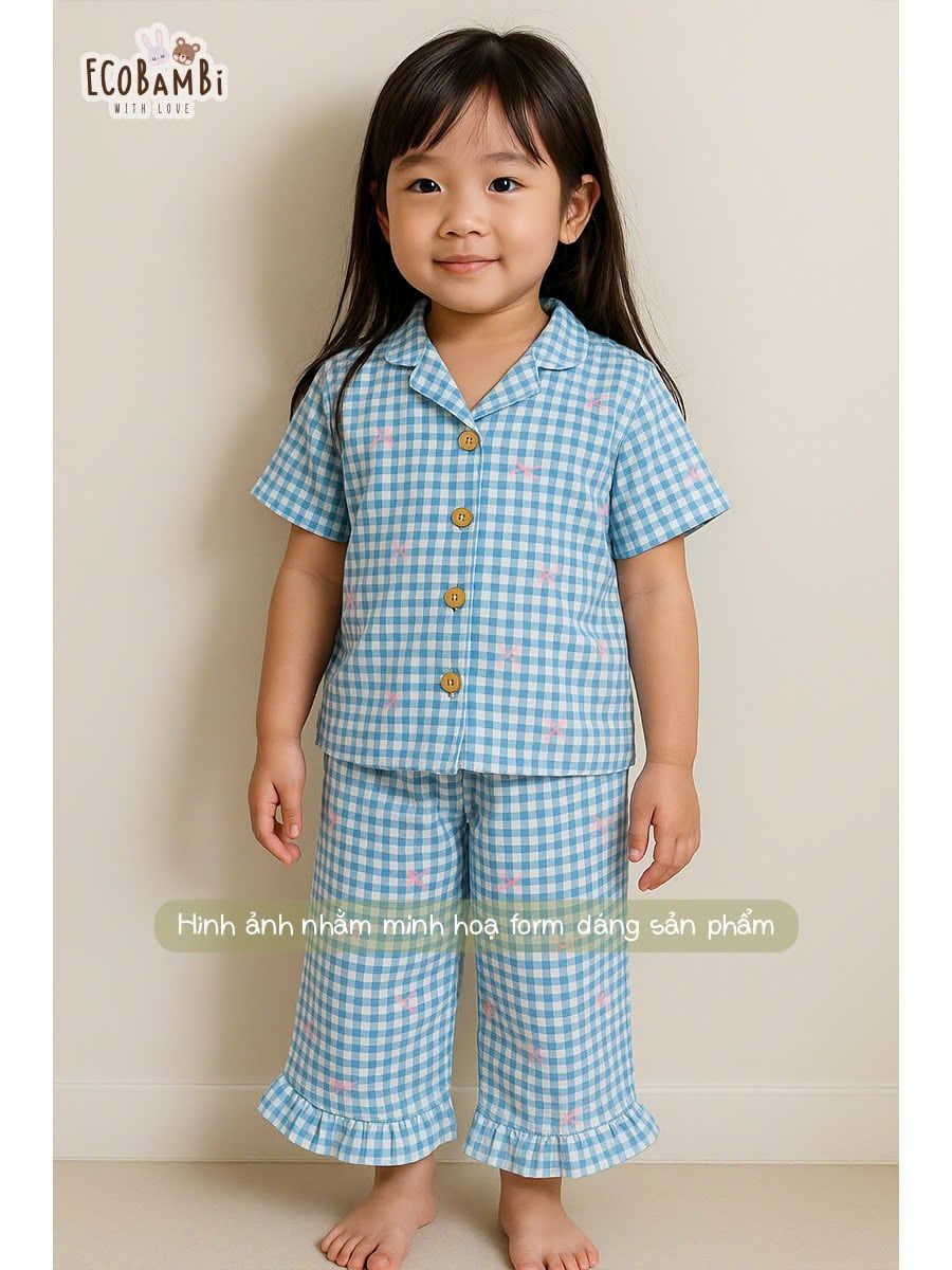  Pyjama Hè cotton thô caro nơ bé gái - 8935334001855 