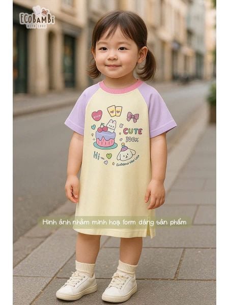  Đầm thun raglan dáng suông form thoải mái bé gái ECOBAMBI - 8935334001893 