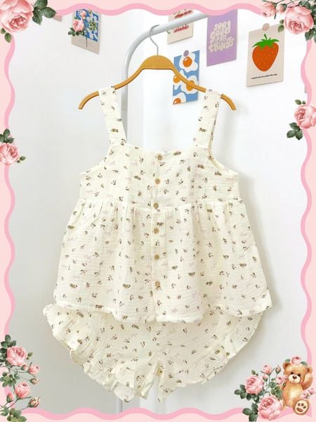 Bộ cotton muslin sát nách nút cài giữa - quần shorts bèo mặc nhà nữ Innies - IN-23BONU001 - 8935334000926 