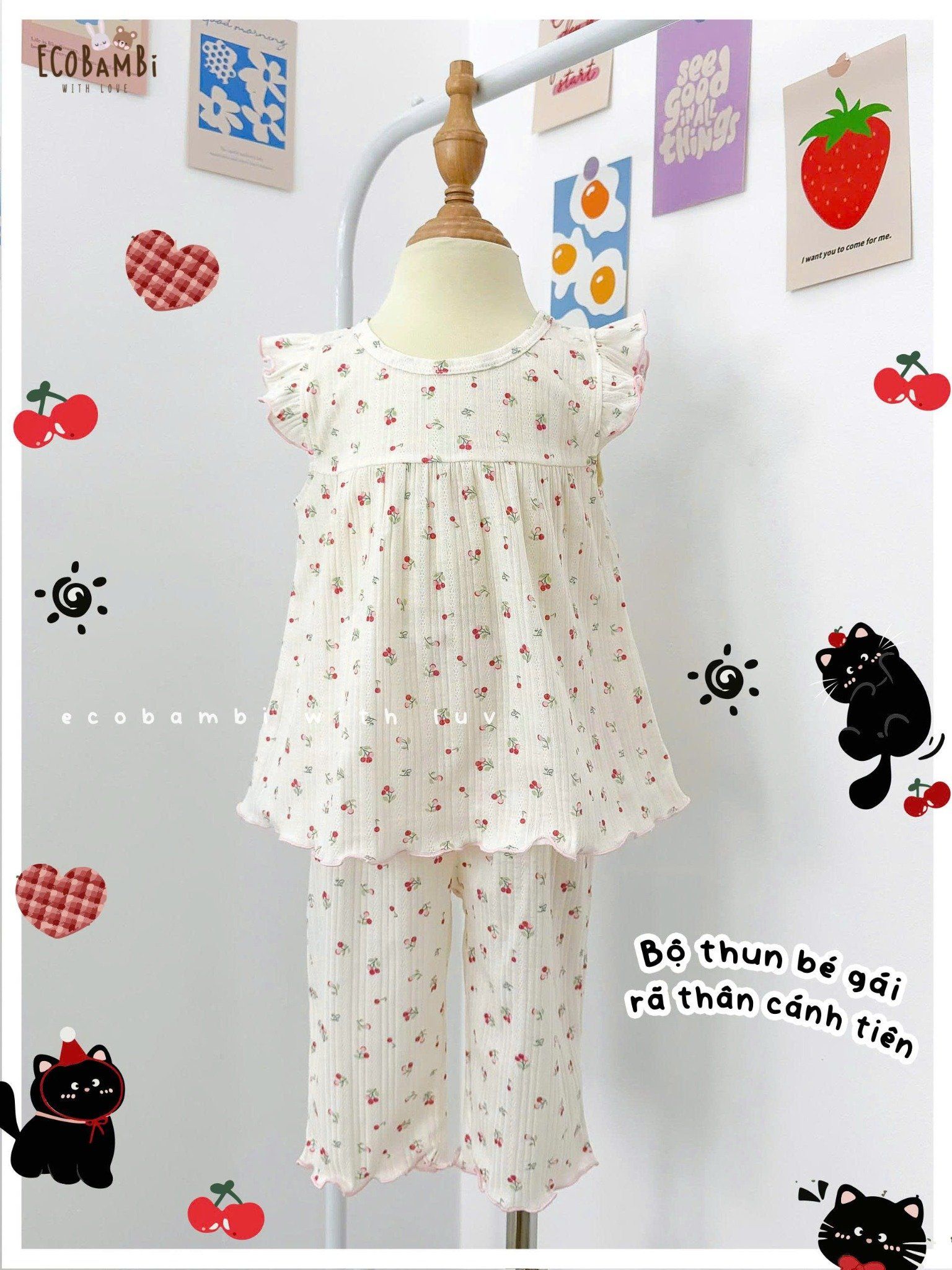  Bộ thun jacquard tay cánh tiên quần lửng in hoa nhí bé gái ECOBAMBI - 8935334001169 