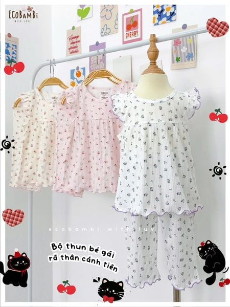  Bộ thun jacquard tay cánh tiên quần lửng in hoa nhí bé gái ECOBAMBI - 8935334001169 