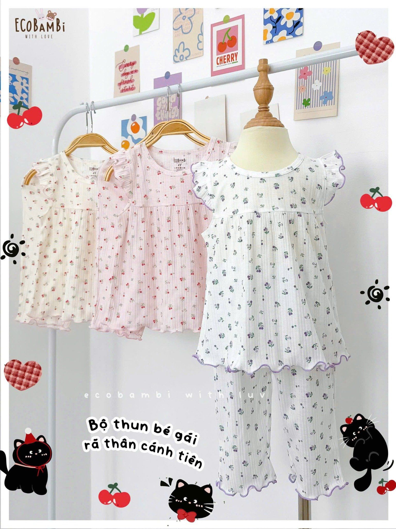  Bộ thun jacquard tay cánh tiên quần lửng in hoa nhí bé gái ECOBAMBI - 8935334001169 