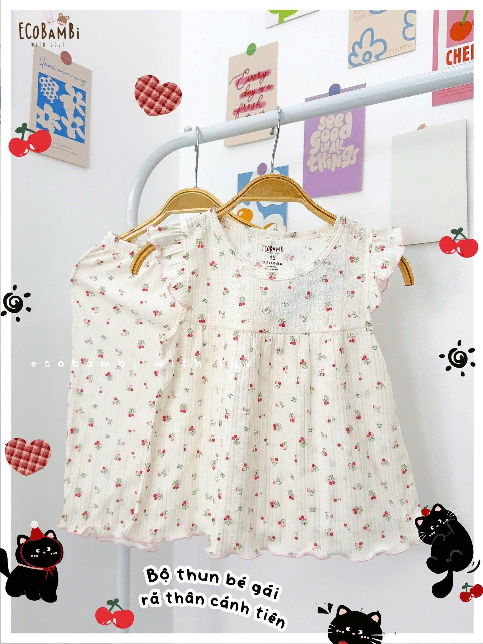  Bộ thun jacquard tay cánh tiên quần lửng in hoa nhí bé gái ECOBAMBI - 8935334001169 