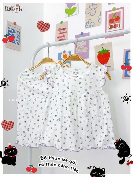  Bộ thun jacquard tay cánh tiên quần lửng in hoa nhí bé gái ECOBAMBI - 8935334001169 