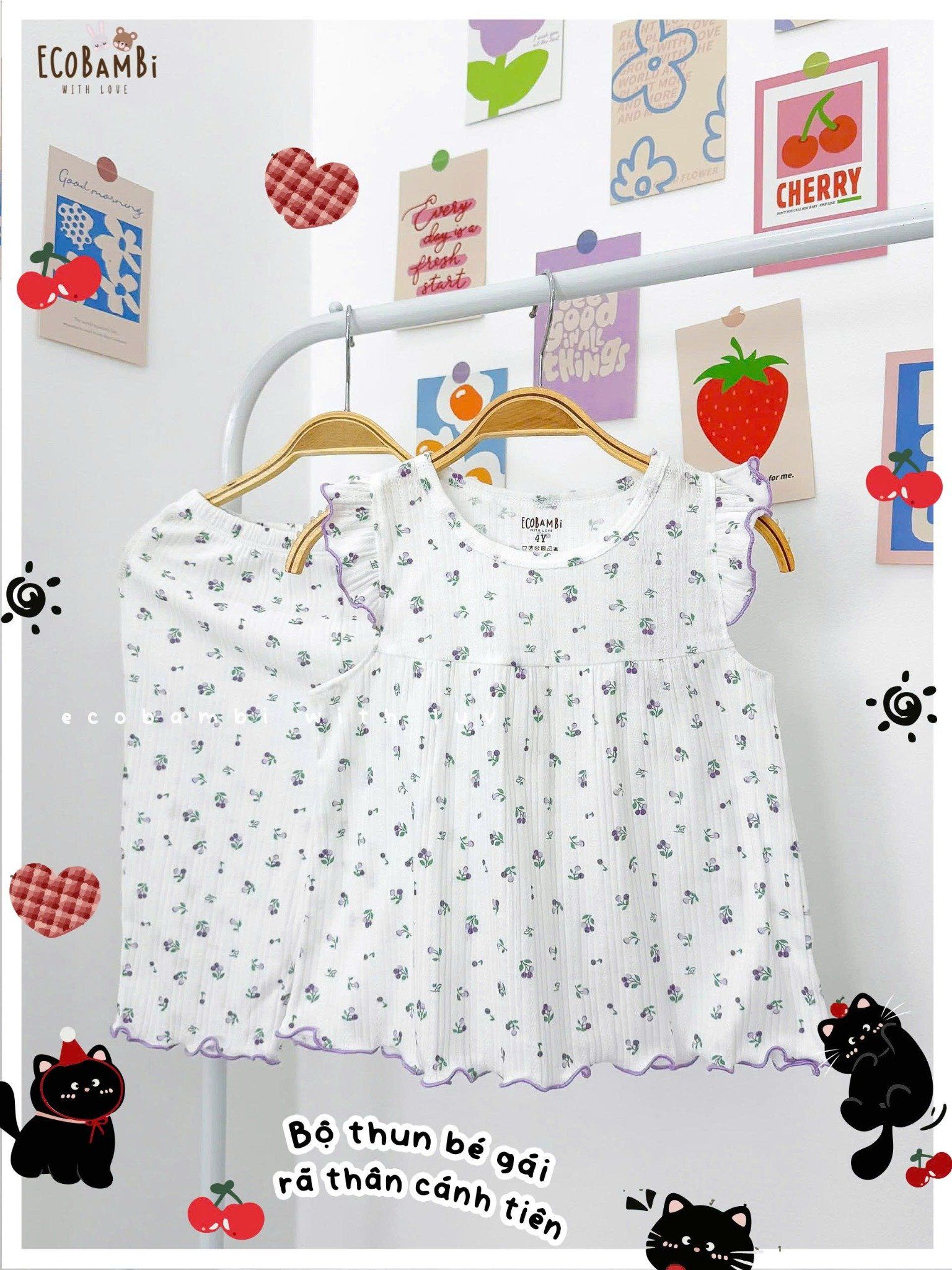  Bộ thun jacquard tay cánh tiên quần lửng in hoa nhí bé gái ECOBAMBI - 8935334001169 