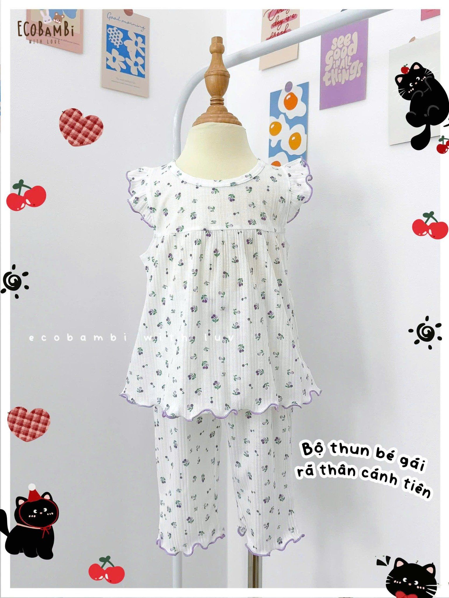 Bộ thun jacquard tay cánh tiên quần lửng in hoa nhí bé gái ECOBAMBI - 8935334001169 