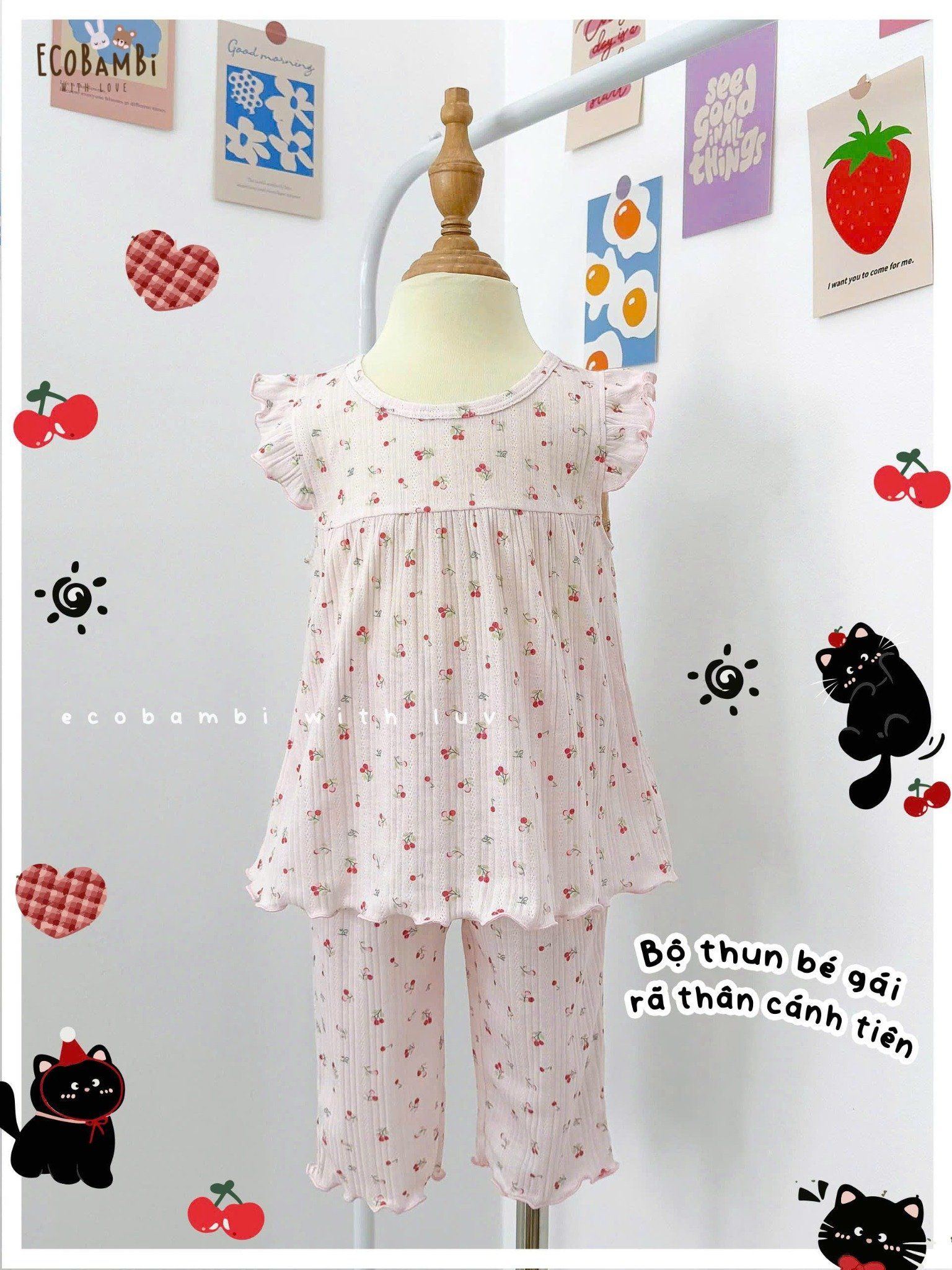  Bộ thun jacquard tay cánh tiên quần lửng in hoa nhí bé gái ECOBAMBI - 8935334001169 