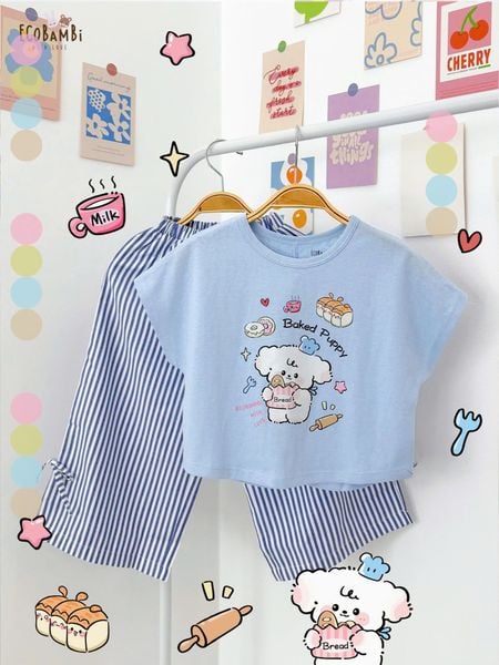  Bộ thun xược áo cánh dơi - quẩn sọc lửng thắt nơ bé gái ECOBAMBI - 8935334001961 