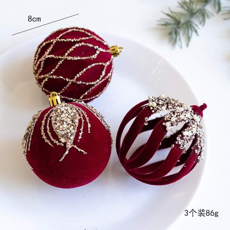  Set 3 Bóng Treo Giáng Sinh Đỏ Nhung 
