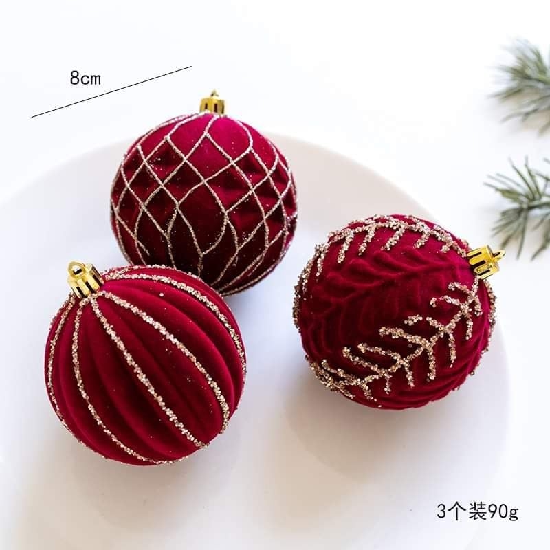  Set 3 Bóng Treo Giáng Sinh Đỏ Nhung 