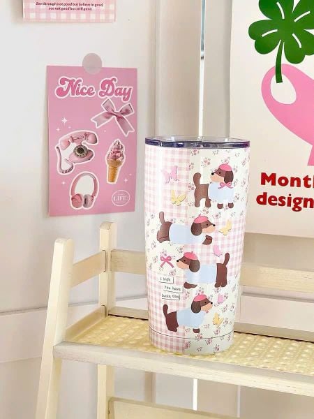  Cốc Giữ Nhiệt Cún Nơ Hồng 