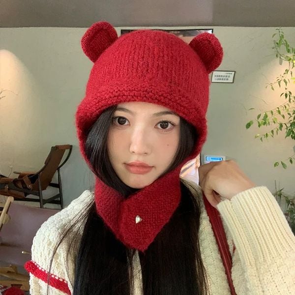  Mũ Len Dệt Kim Tai Gấu Màu Đỏ 