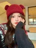  Mũ Len Dệt Kim Tai Gấu Màu Đỏ 