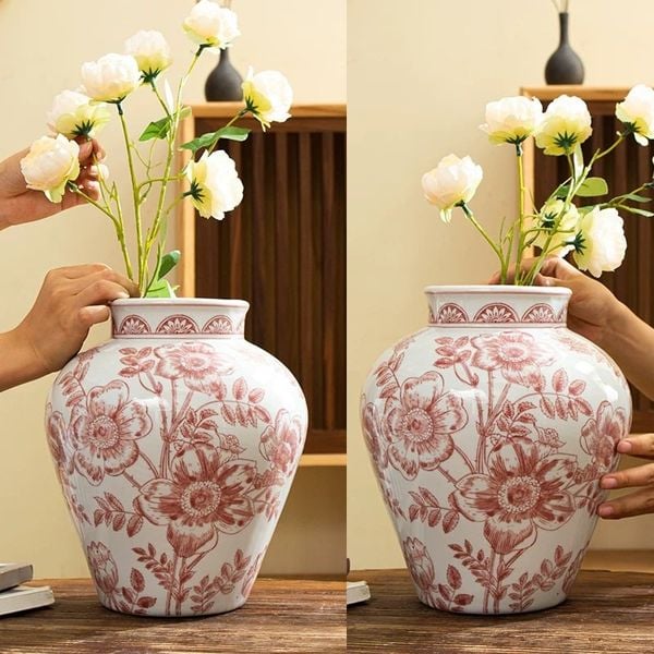  Bình Hoa Gốm Vẽ Tay Hoa Hồng Đỏ 