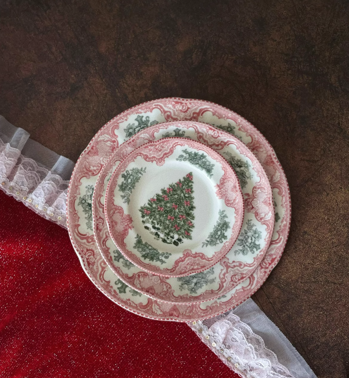  Bát, Đĩa Cây Thông Nơ Đỏ Retro 