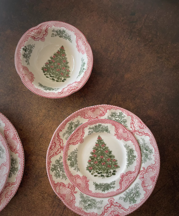  Bát, Đĩa Cây Thông Nơ Đỏ Retro 