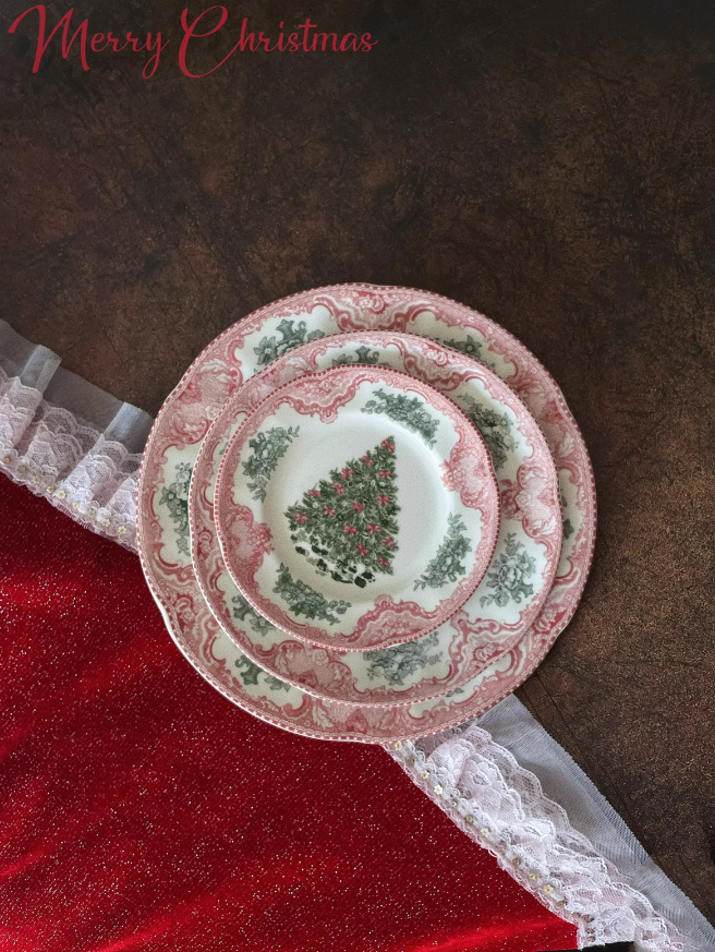  Bát, Đĩa Cây Thông Nơ Đỏ Retro 