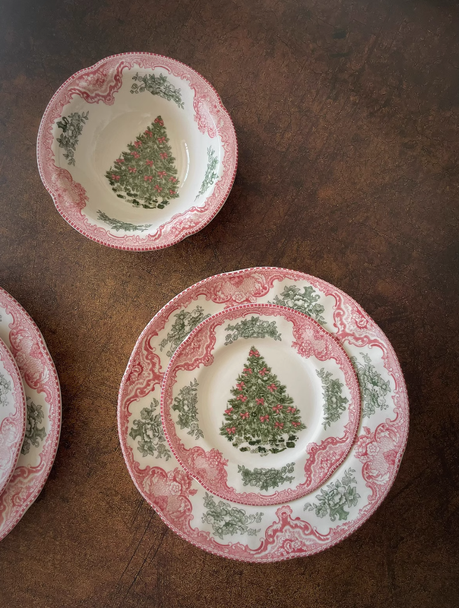  Bát, Đĩa Cây Thông Nơ Đỏ Retro 