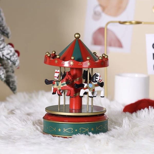  Hộp Nhạc Vòng Quay Ngựa Gỗ Xanh Đỏ 