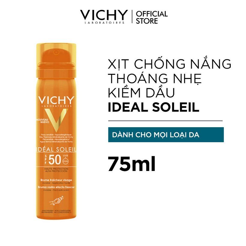  Xịt Khoáng Chống Nắng Giảm Dầu, Khô Ráo & Không Gây Nhờn Rít SPF 50 PA+++ UVA & UVB Vichy Ideal Soleil 75ml 