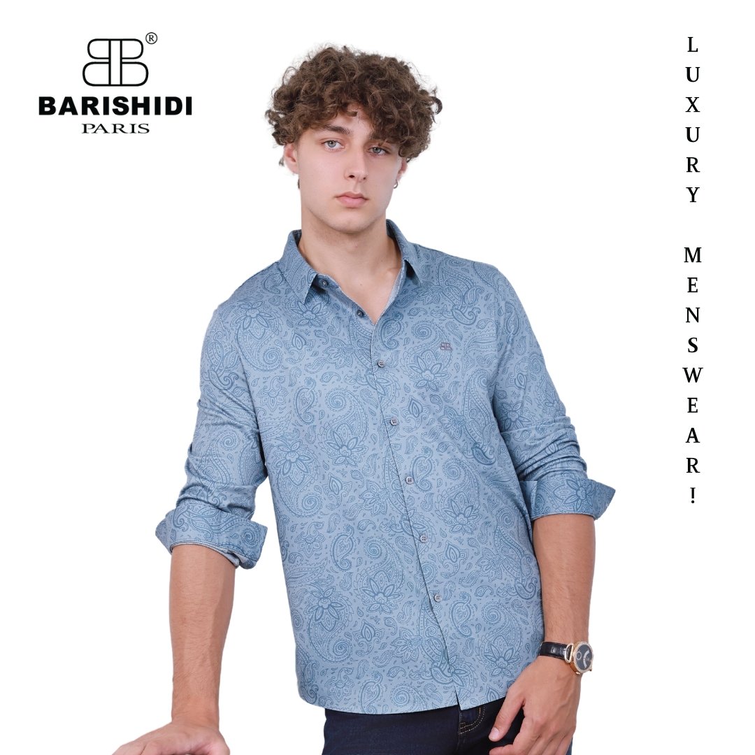Ao so mi xuong Cashmere hoa van vay oc - Xanh reu - SMX25-2408008