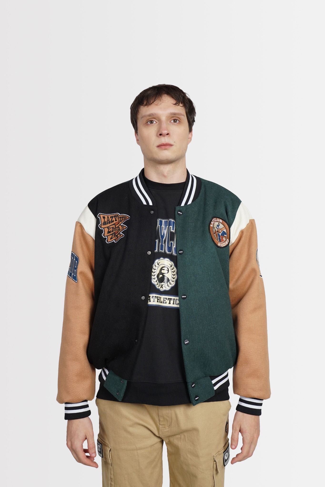  GREEN - BLACK - BROWN BASEBALL VARSITY JACKET 